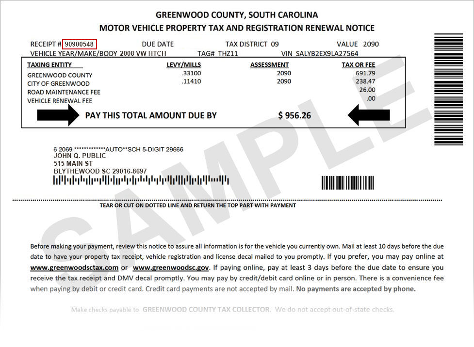 Sample Greenwood Co Vehicle Tax bill with the receipt number highlighted