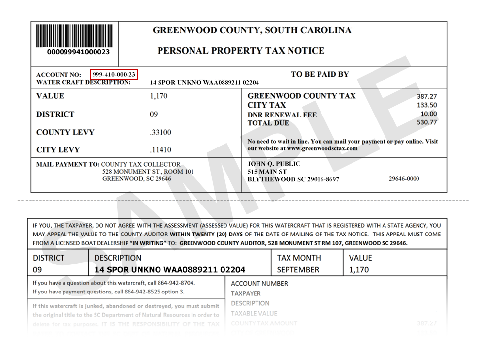 Sample Greenwood Co Watercraft Tax bill with the tax map number highlighted